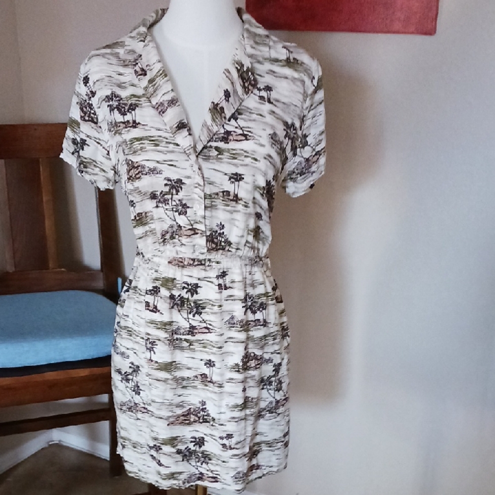 RVCA Palm Print Mini Dress - Cream, Olive, and Brown